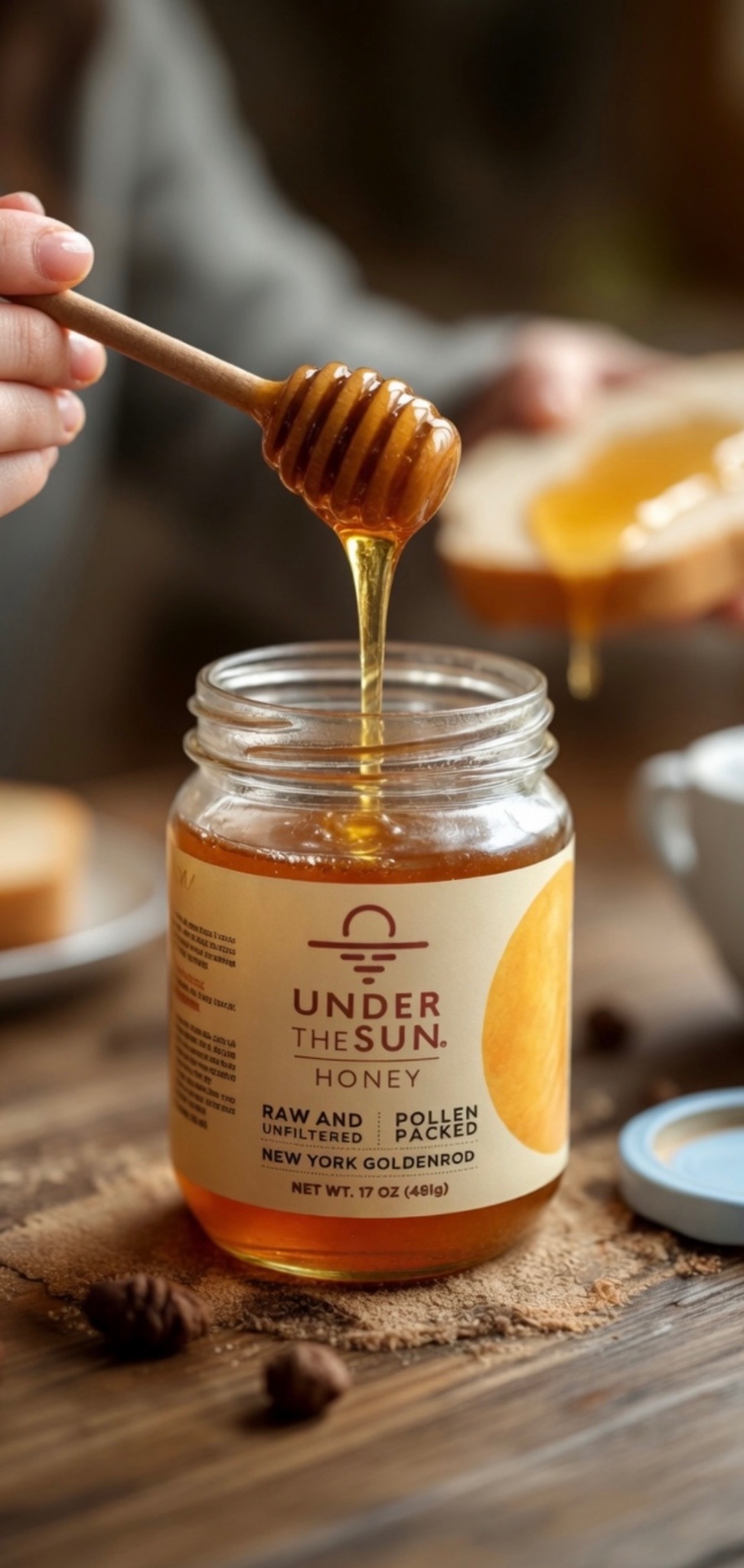 Under The Sun Honey — raw New York honey jars on a wooden counter